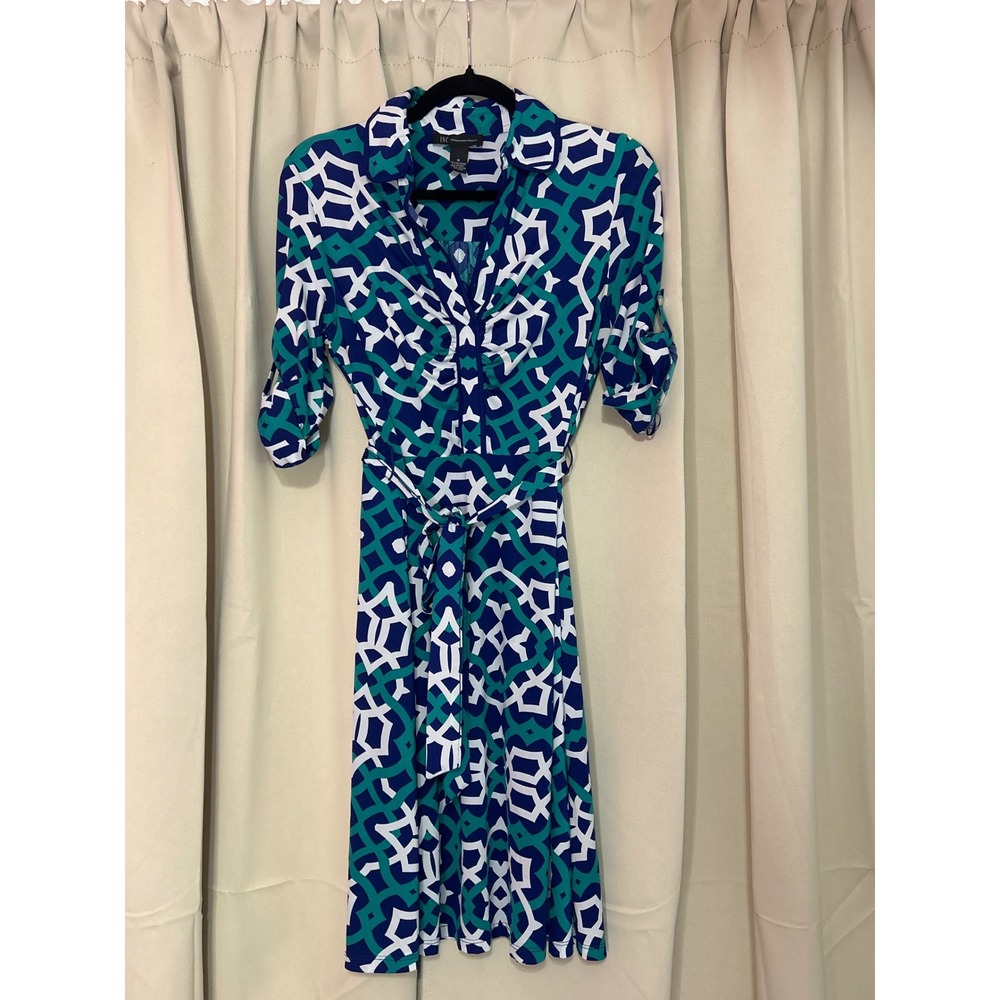 INC International Concepts Shirt Dress Size M Blue Green Geometric Roll Tab SLV